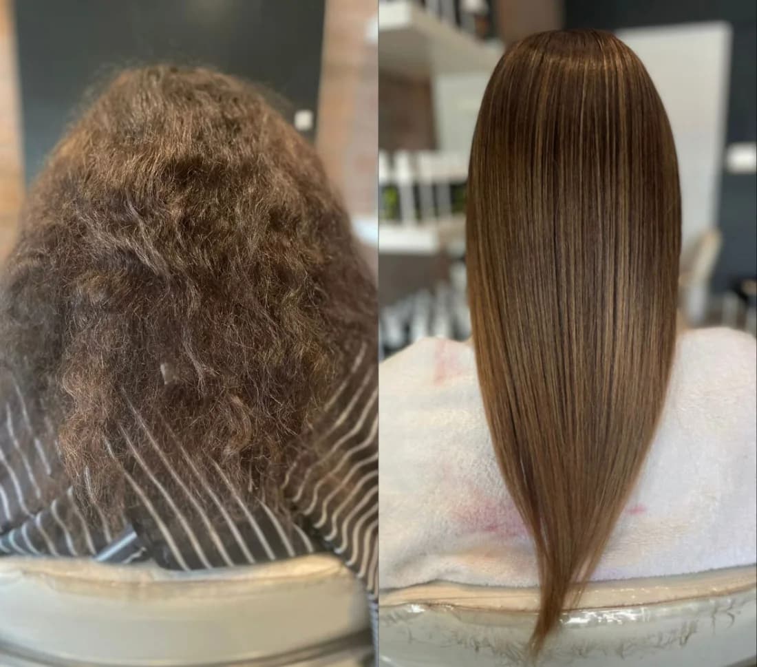 Before and after Keramess smoothing treatment at Hair Poetry